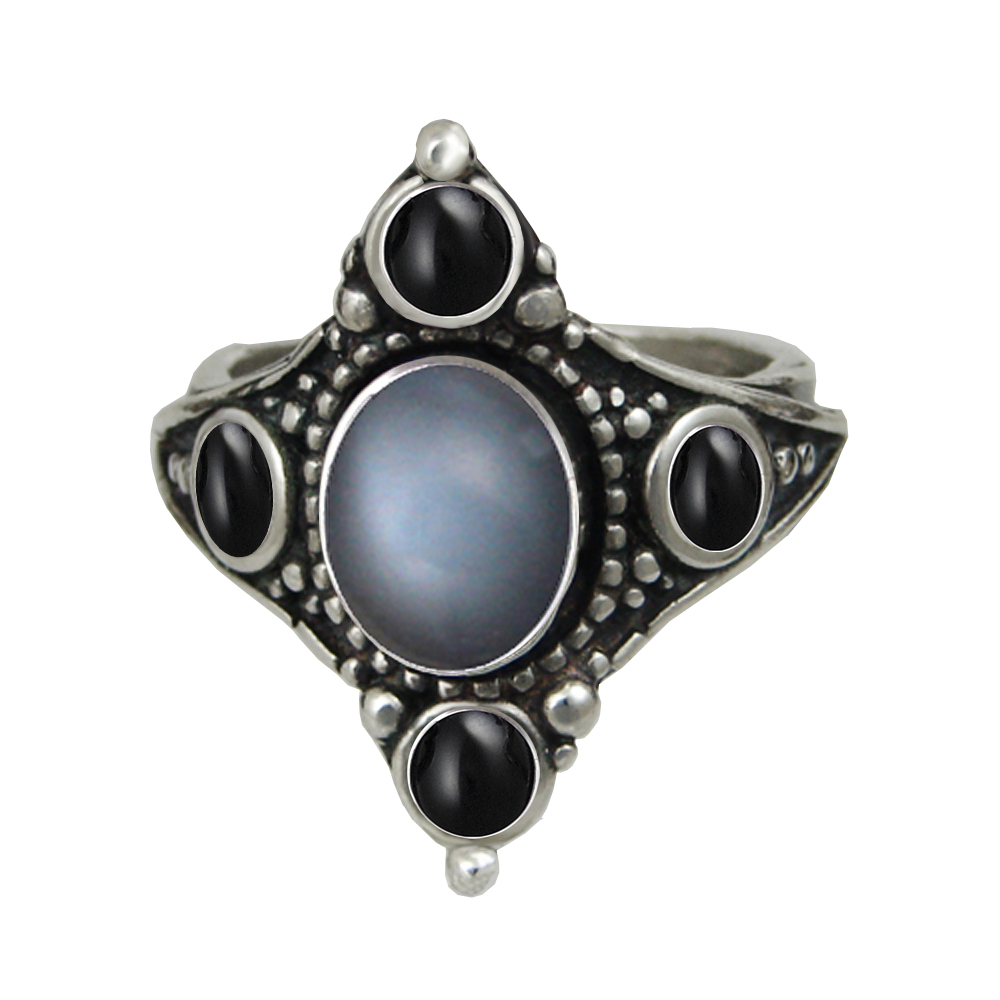 Sterling Silver Renaissance Queen's Ring With Grey Moonstone And Black Onyx Size 9